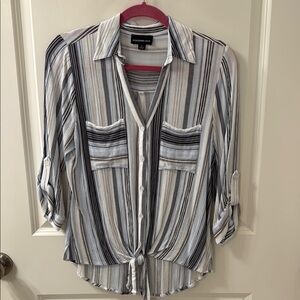 Black and Gray Tie Front 3/4 Sleeve Button Down Top